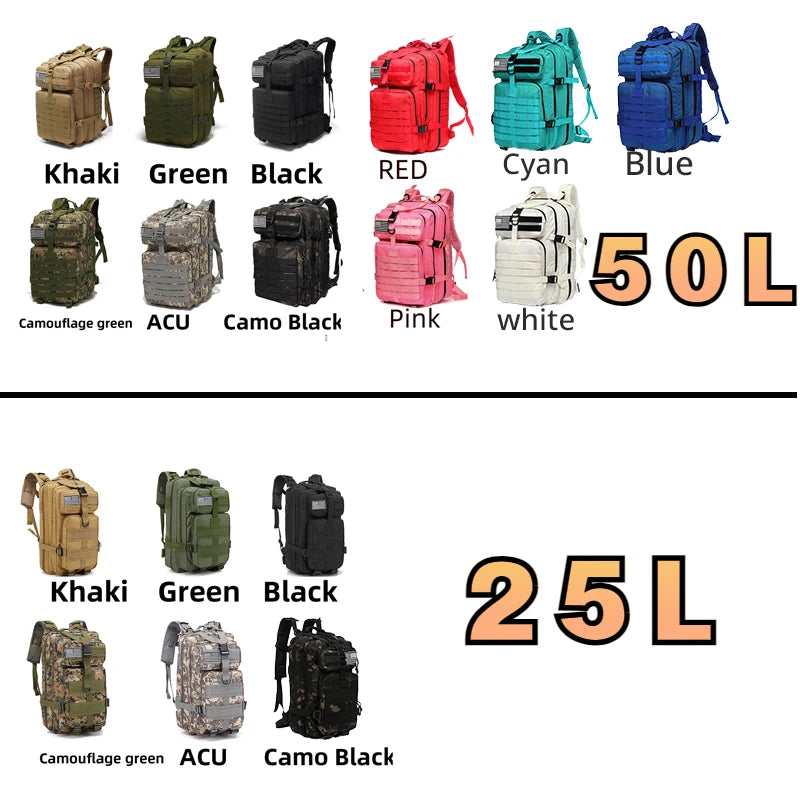 25L/50L Tactical Waterproof Backpack – Durable Nylon Outdoor Rucksack for Hiking, Camping, Trekking, Fishing & Hunting